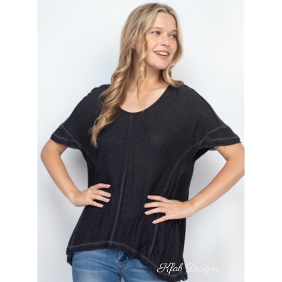 LAST 2! V Neck Shark Bite Hem Seam Trim Detail Black Top - Picture 1 of 8